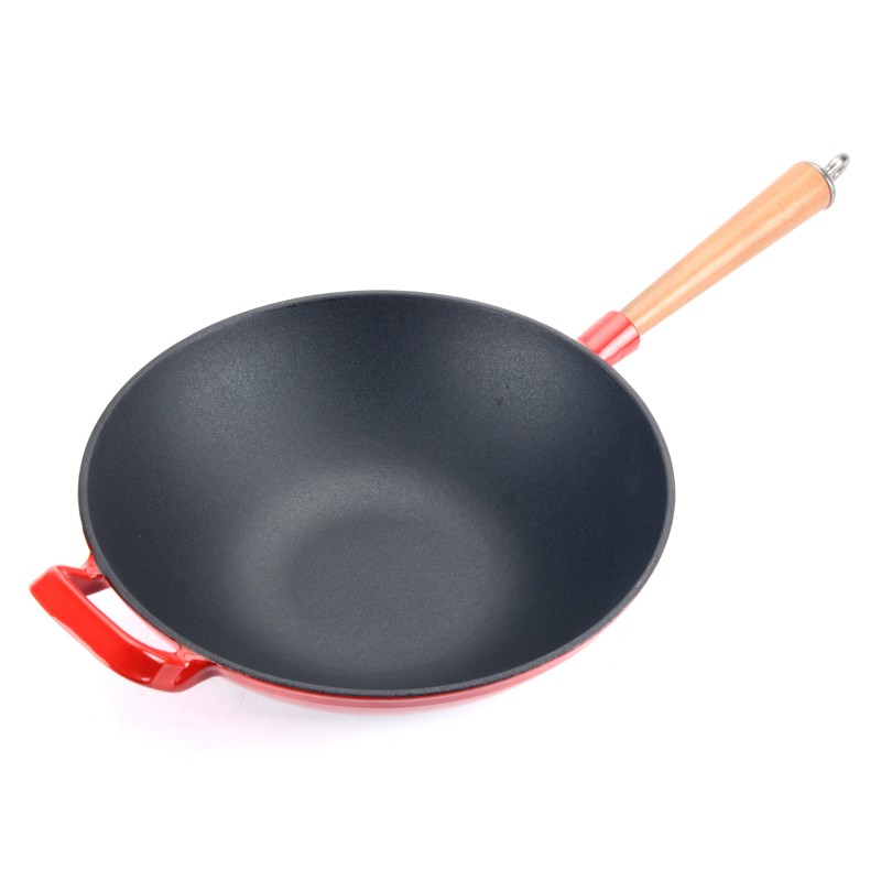 Wok en fonte &eacute;maill&eacute;e avec manche en bois