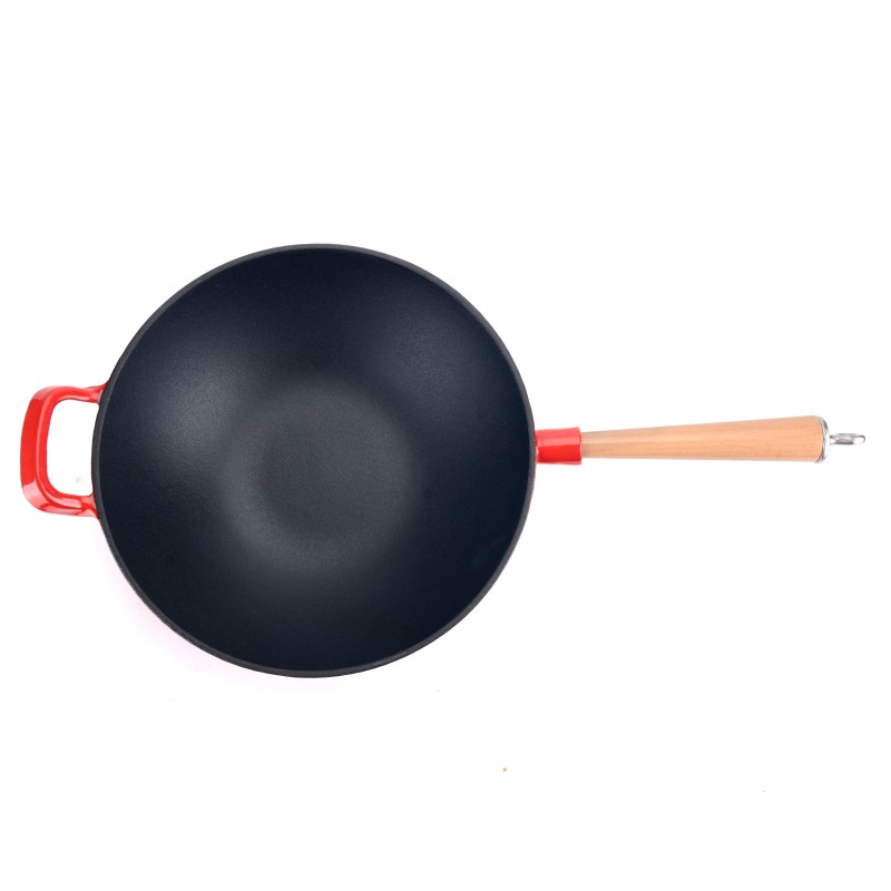 Wok en fonte &eacute;maill&eacute;e avec manche en bois