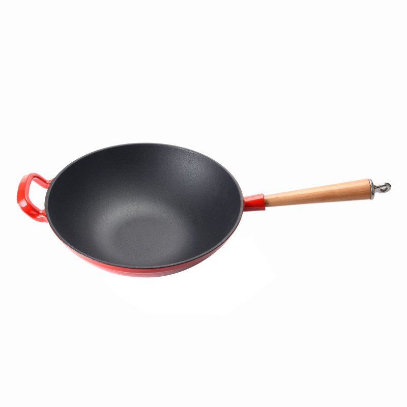 Wok en fonte &eacute;maill&eacute;e avec manche en bois