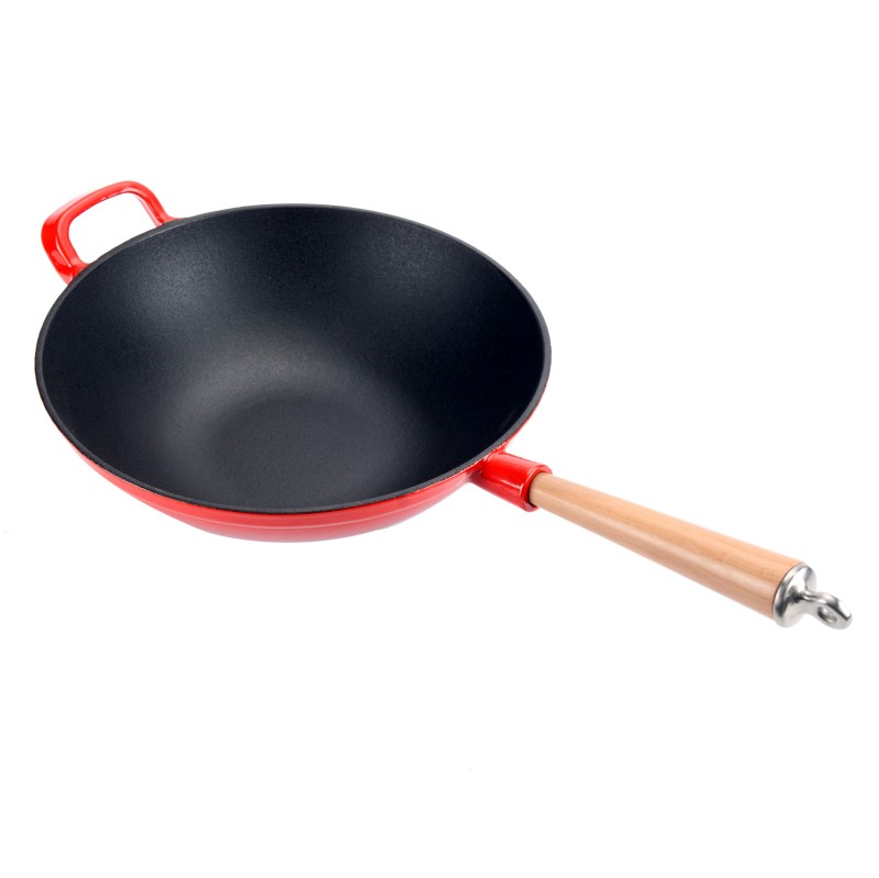 Wok en fonte &eacute;maill&eacute;e avec manche en bois