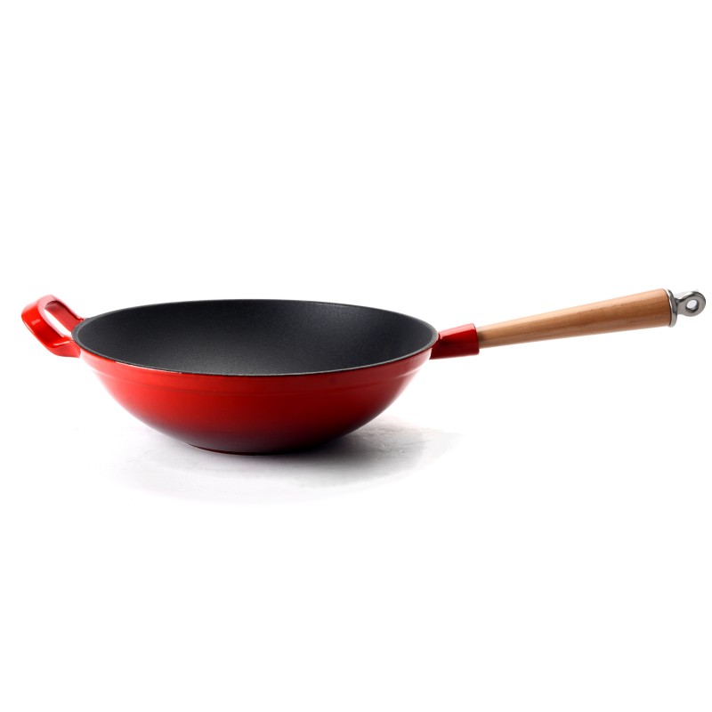 Wok en fonte &eacute;maill&eacute;e avec manche en bois