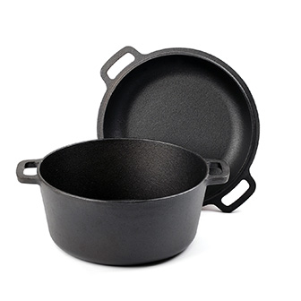 Batterie de cuisine pr&eacute;-assaisonn&eacute;e 2 en 1 &agrave; double faitout en fonte sur mesure