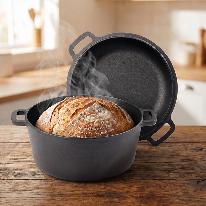 Batterie de cuisine pr&eacute;-assaisonn&eacute;e 2 en 1 &agrave; double faitout en fonte sur mesure