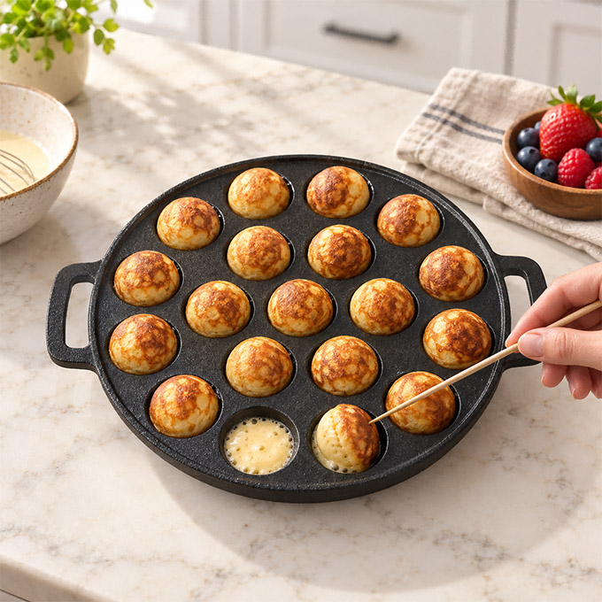 Po&ecirc;le Aebleskiver en fonte pr&eacute;-assaisonn&eacute;e &agrave; double poign&eacute;e