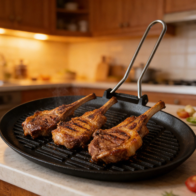 Po&ecirc;le &agrave; griller en fonte avec poign&eacute;e en acier inoxydable