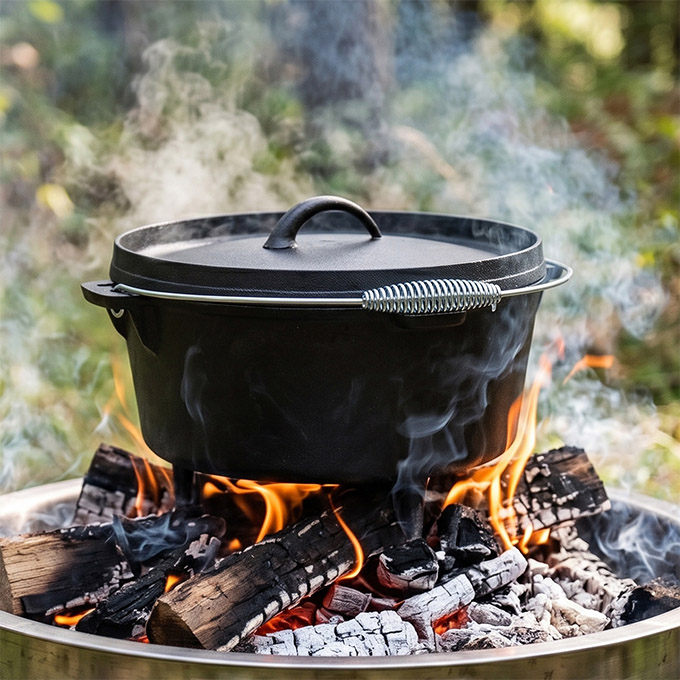 Four hollandaise de camping en fonte avec l&egrave;ve-couvercle et sac de rangement