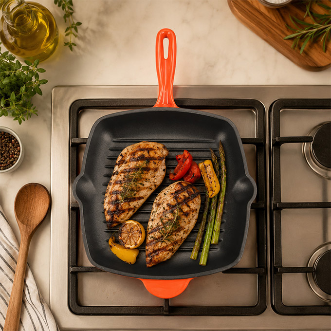 Po&ecirc;le &agrave; gril en fonte &eacute;maill&eacute;e &ndash; Po&ecirc;le &agrave; steak carr&eacute;e avec becs d'&eacute;gouttement
