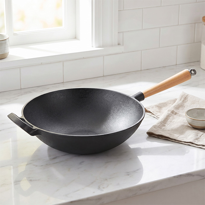 Wok chinois en fonte lourde avec manche en bois amovible, po&ecirc;le &agrave; frire en fonte &eacute;paisse &agrave; fond plat