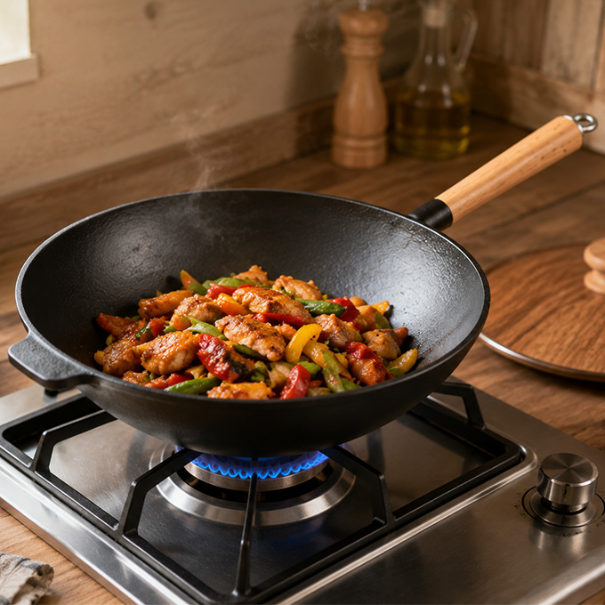 Wok en fonte pr&eacute;-enduite &agrave; une poign&eacute;e de 31&nbsp;cm