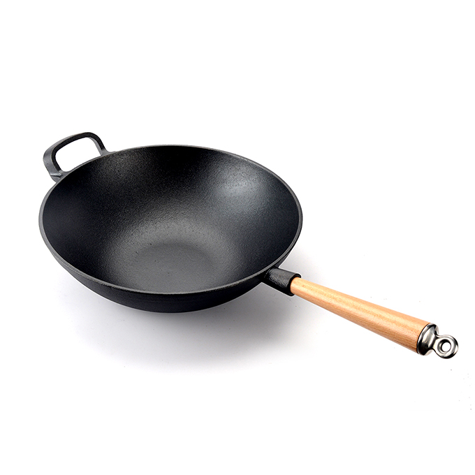 Wok chinois en fonte lourde avec manche en bois amovible, po&ecirc;le &agrave; frire en fonte &eacute;paisse &agrave; fond plat