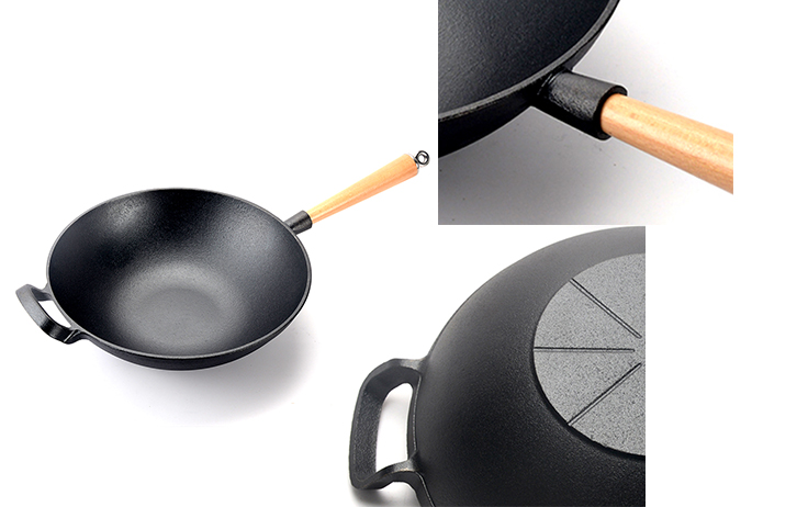 Wok chinois en fonte lourde avec manche en bois amovible