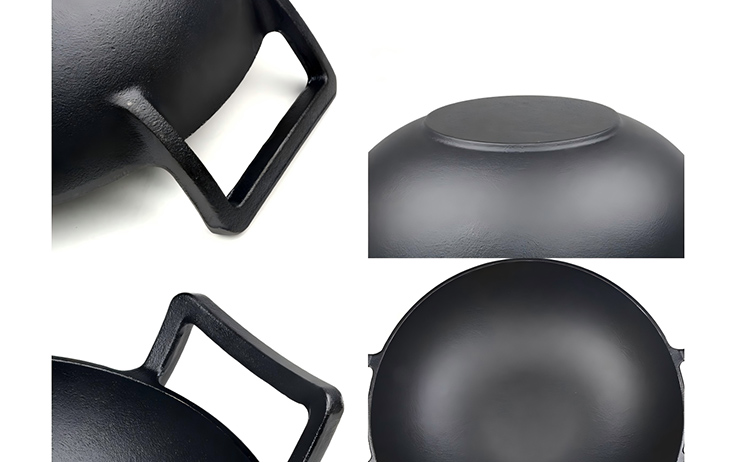 Wok &agrave; double poign&eacute;e en fonte pr&eacute;-assaisonn&eacute;e