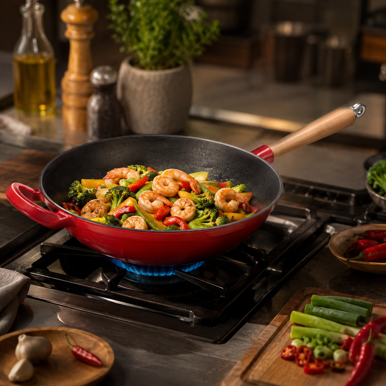 Wok en fonte &eacute;maill&eacute;e avec manche en bois