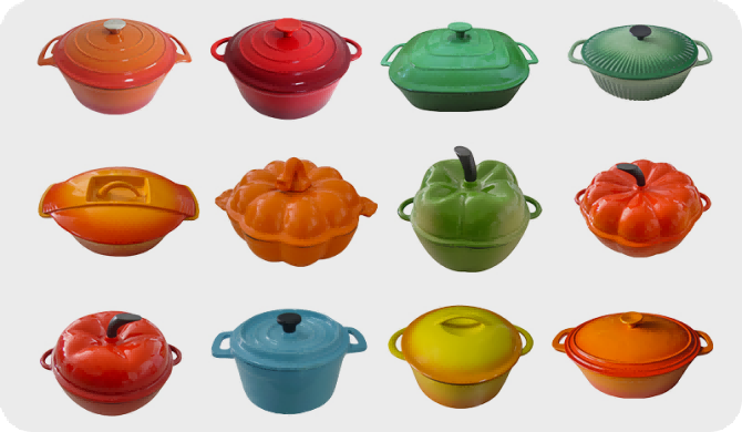 Ustensiles de cuisine en fonte de diff&eacute;rentes couleurs