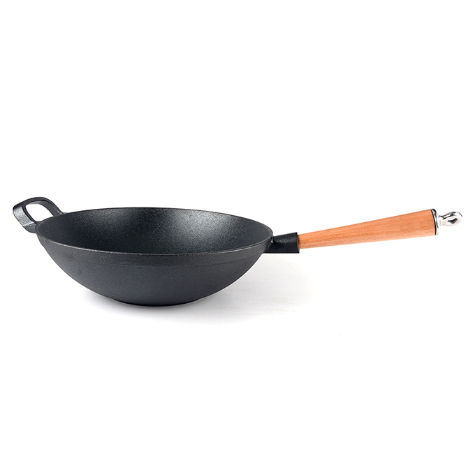 Wok chinois en fonte lourde avec manche en bois amovible, po&ecirc;le &agrave; frire en fonte &eacute;paisse &agrave; fond plat
