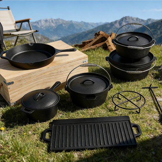 Batterie de cuisine de camping en fonte
