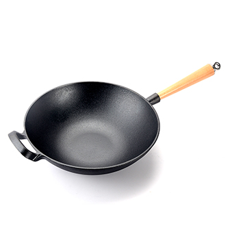 Wok chinois en fonte lourde avec manche en bois amovible, po&ecirc;le &agrave; frire en fonte &eacute;paisse &agrave; fond plat