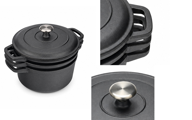 Ensemble de 3&nbsp;batteries de cuisine empilables en fonte avec couvercle