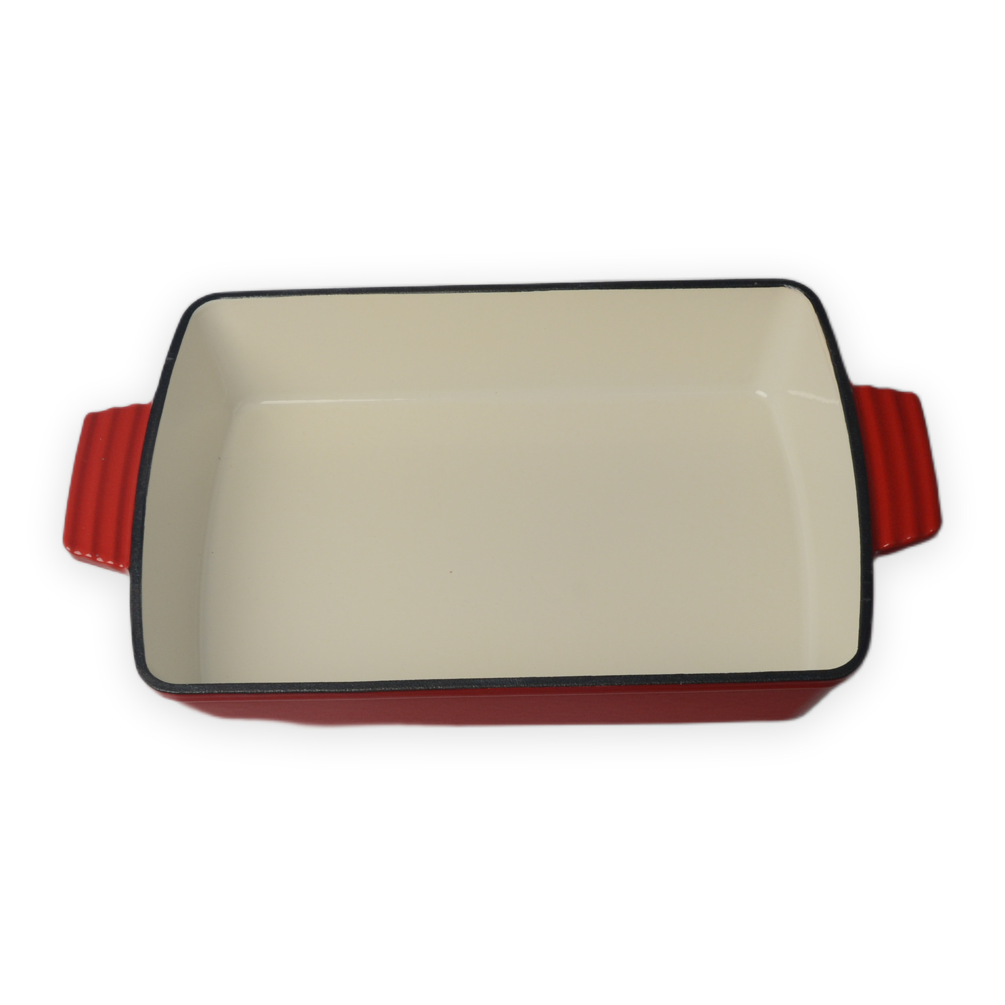 Plat de cuisson rectangulaire en fonte &eacute;maill&eacute;e rouge avec poign&eacute;es doubles lat&eacute;rales