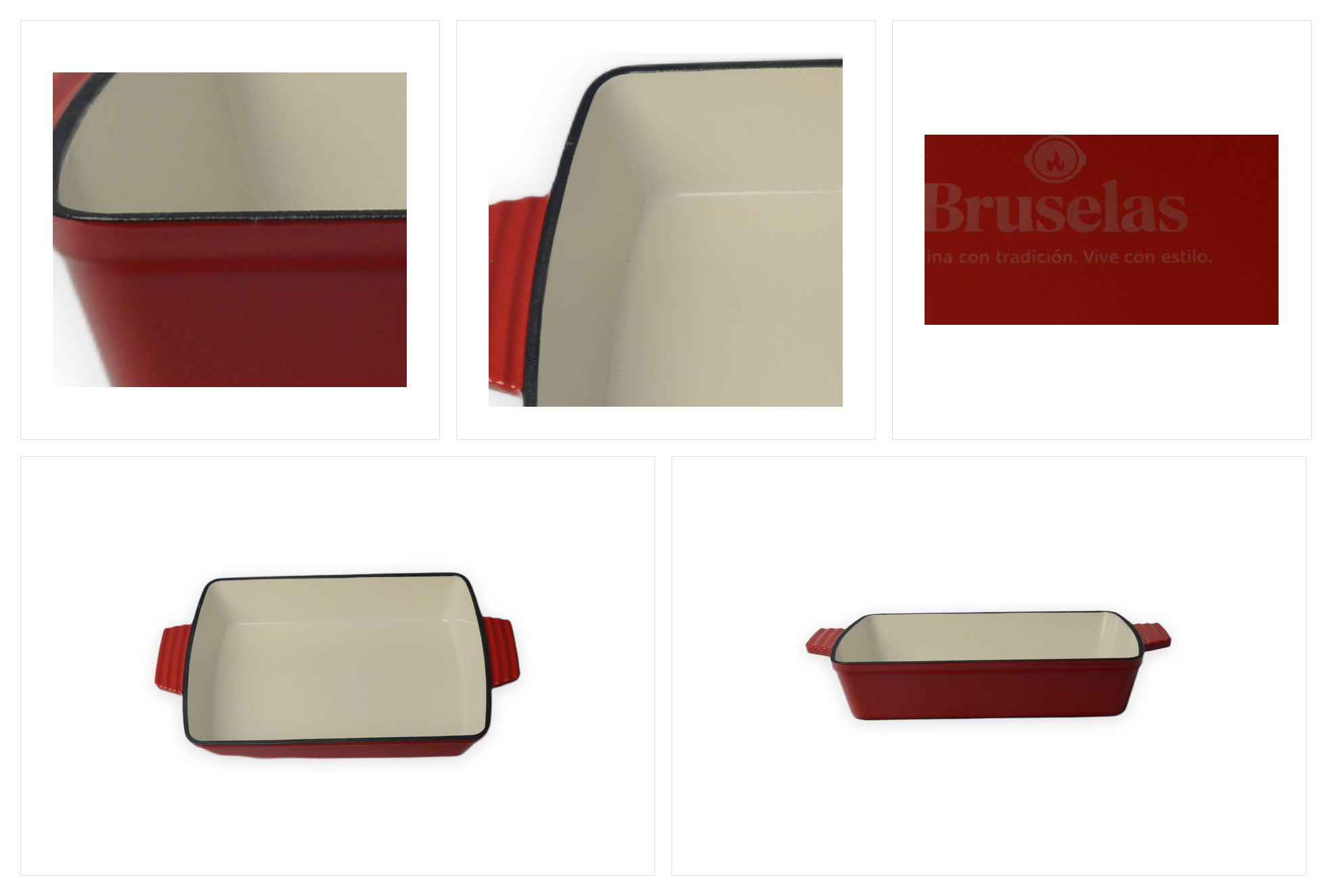 Plat de cuisson rectangulaire en fonte &eacute;maill&eacute;e rouge avec poign&eacute;es doubles lat&eacute;rales