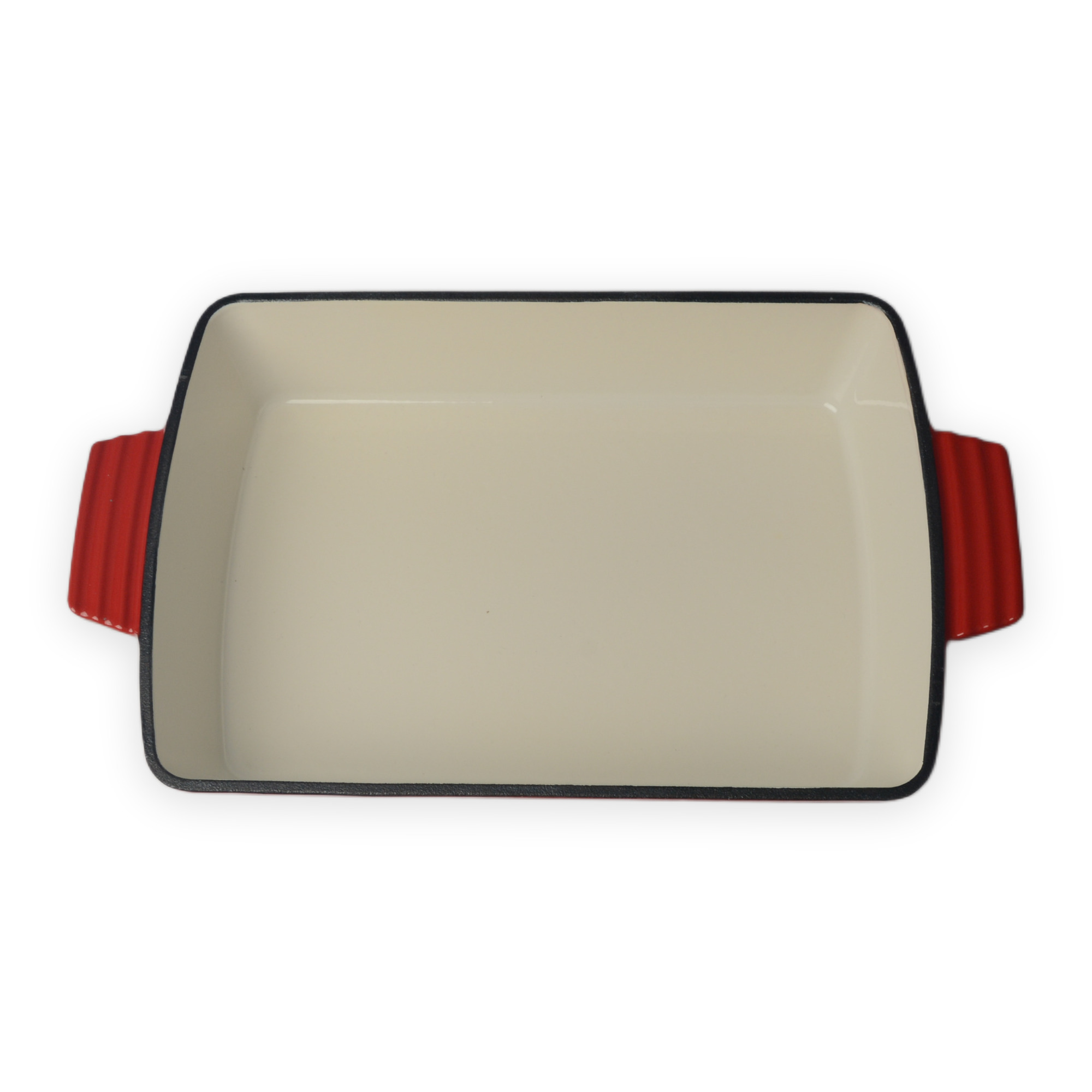 Plat de cuisson rectangulaire en fonte &eacute;maill&eacute;e rouge avec poign&eacute;es doubles lat&eacute;rales
