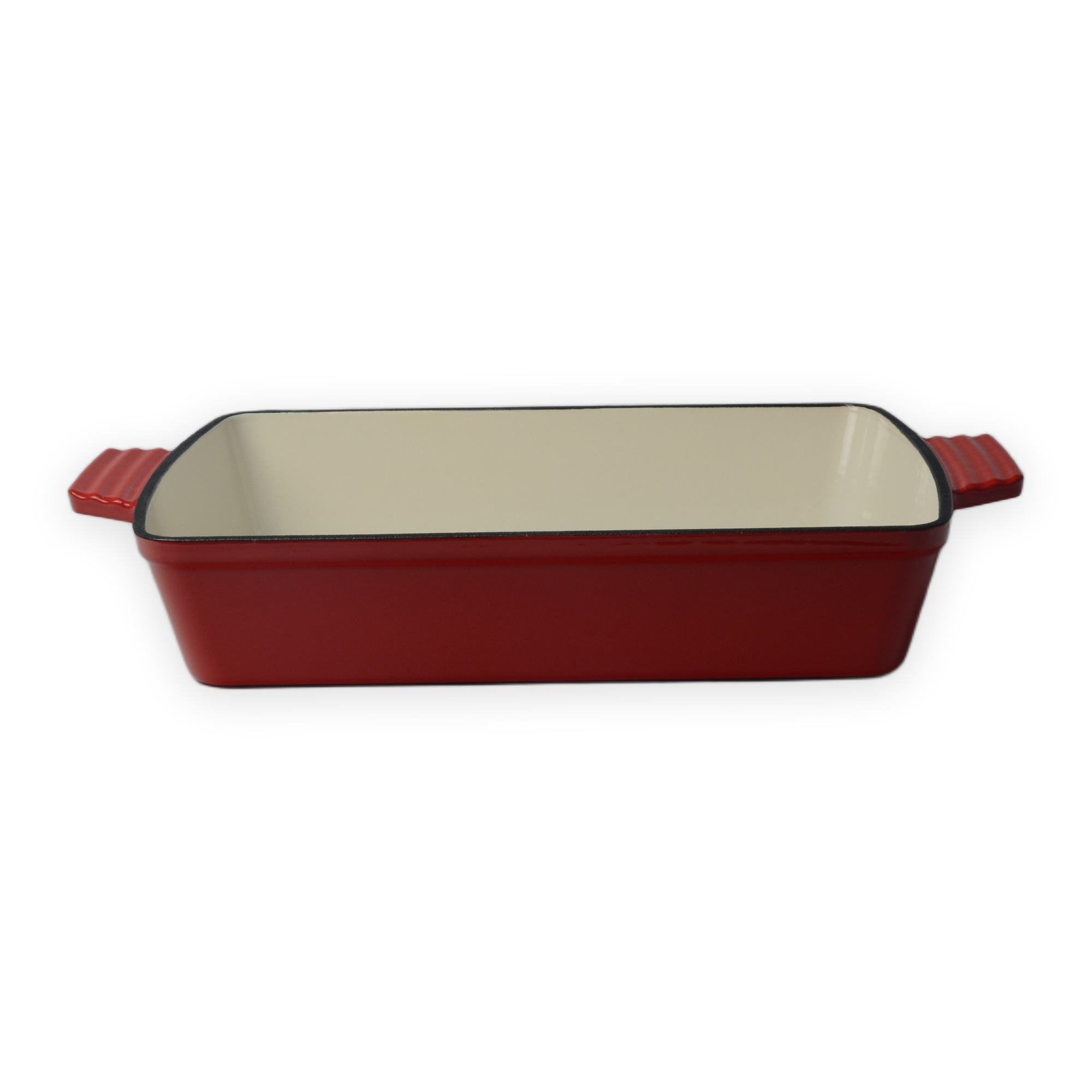 Plat de cuisson rectangulaire en fonte &eacute;maill&eacute;e rouge avec poign&eacute;es doubles lat&eacute;rales