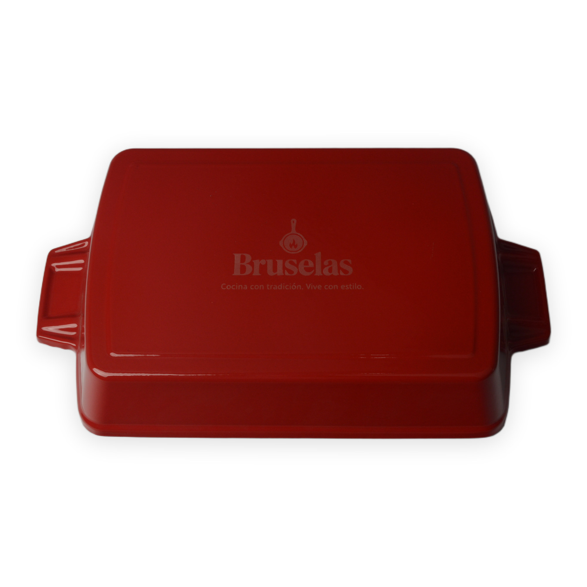 Plat de cuisson rectangulaire en fonte &eacute;maill&eacute;e rouge avec poign&eacute;es doubles lat&eacute;rales